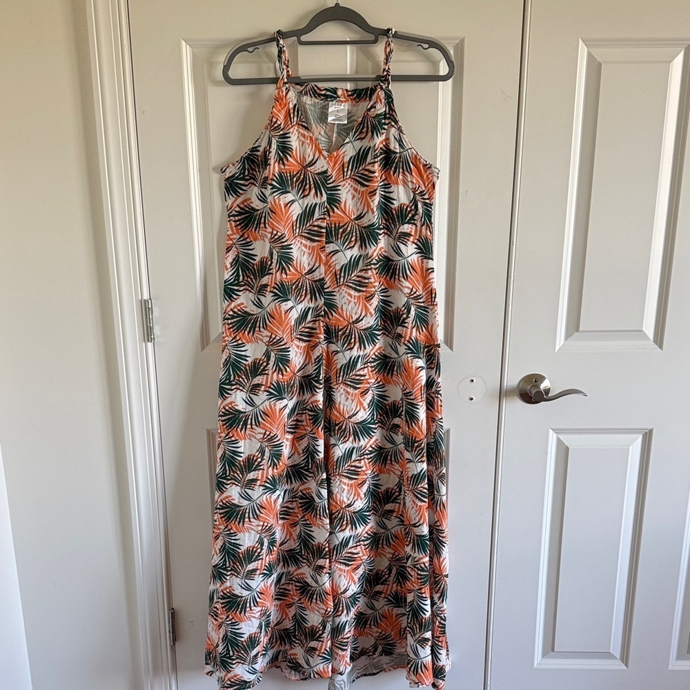 Serra Cotton Tropical Print Maxi Dress Coastal Orange Green Cream Size Large